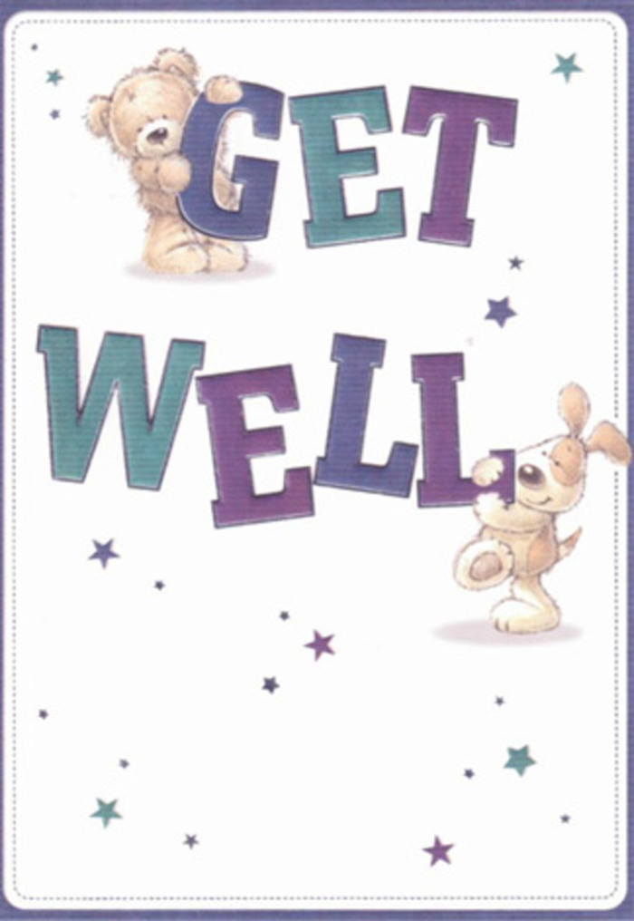 Radiating gentle energy and heartfelt support, this illustrated get well card features two tender companions-a charming bear with soft, russet fur and a floppy-eared dog, both captured in mid-gesture as they hold up a large 'Get Well' message. Their lively shapes, brimming with affection, sit amid a swirling constellation of vivid starbursts in cool blues, teals, and magentas, echoing the tranquil yet hopeful skies above Gants Hill at dusk. The artistry shines in the tactile depiction of their plush pelts and velvety ears, inviting you to imagine their embrace as you would the comforting touch of petals and fresh greenery in a bouquet crafted for recovery. Dominating the compositional center, the typography is robust and uplifting, its gradients of indigo and turquoise giving the letters a three-dimensional, joyous pop. The white background imparts a sense of airiness-a perfect canvas for healing thoughts. Like a bouquet delivered from a trusted Gants Hill florist, each detail is chosen with the intention to lift the spirits of someone in convalescence, perhaps after a stroll along Cranbrook Road or a quiet afternoon at home. The scene and its elements blend innocence, care, and understated cheer, resonating with the unique warmth of the Gants Hill community and the simple pleasures that aid the journey back to well-being.