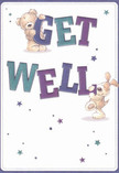 Bursting with innocence and cheer, this get well card showcases two lovable friends-a plush teddy bear with chocolate-brown fur and a playful puppy with floppy ears-balancing and presenting oversized, colorful 'Get Well' lettering. The text glows in shades of rich indigo and teal, leaping forward with energy against a gentle, creamy background that echoes the bright interiors of Gants Hill homes. Dotted across the card, twinkling stars in varying hues of blue and violet sweep the eyes upward, adding sparkles of optimism not unlike the fresh blooms that arrive at local hospital rooms or doorsteps. The hand-rendered textures of the bear's fluffy paws and the soft, inviting fur of the dog seem almost real, offering a tactile comfort that calls to mind the nurturing care of Gants Hill's florists. The overall composition suggests upliftment and healing, like a fragrant bouquet arranged to bring a moment of lightness right to the heart of a loved one. Every detail-from the expressive faces to the playful placement of the letters-radiates a sentiment both universal and distinctively local, reminding the recipient that care can come from across the neighborhood, be it just past Cranbrook Road or further into the heart of Gants Hill.