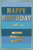 An elegant blue and gold birthday card stands as the focus, its quiet sophistication mirroring the relaxed charm of Gants Hill's residential streets. The backdrop is formed from broad, horizontal stripes in gently shifting blues, graduating from deep navy at the bottom to softer, airy sky and teal tones towards the top. This layered ombre effect feels peaceful and spacious, like pausing on a bench in Valentines Park and watching the day slowly brighten. Centered on the card is the message HAPPY BIRTHDAY in tall, embossed gold lettering. The metallic text is substantial yet refined, reflecting light in a soft glow that adds a celebratory sparkle without overwhelming the calm background. Directly beneath the greeting, a graceful golden flourish curves in a symmetrical pattern, suggesting tradition and a touch of old-world charm. Below that, three narrow gold banners line up neatly, each one carrying kind, relaxed wishes: Relax, have a great day and enjoy! The card's surface appears luxuriously smooth and matte, while the raised gold accents provide a pleasing tactile detail that would be felt as much as seen. A slim gold border encloses the design, giving the impression of a framed artwork rather than a simple card. Imagined beside a vase of freshly delivered birthday flowers from a nearby Gants Hill florist, the card adds a sense of gentle celebration to any table or mantelpiece. Its mood is calm, thoughtful, and quietly joyful, ideal for sending meaningful birthday wishes with understated style and warmth.